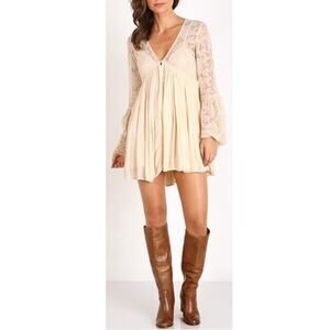 Free People With Love From India Boho Babydoll Mini Dress Womens Size XS Ivory